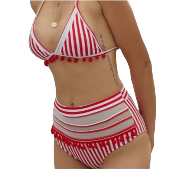 Pom Pom Mesh Insert High Waist Bikini, Red - Picture 2 of 9